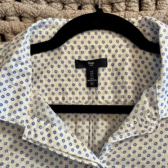Gap Classic White Long Sleeve Patterned with Blue Circles Collared Top Size L - Picture 5 of 12